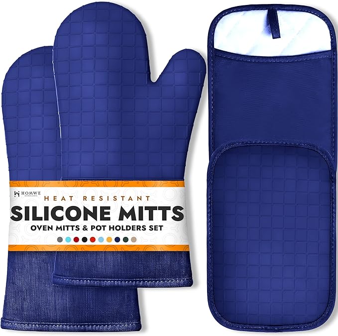 HOMWE Silicone Oven Mitts and Pot Holders for Kitchen & Baking - Set of 4 Heat-Resistant, Heavy-Duty Cooking Mittens w/Non-Slip, Textured Grip