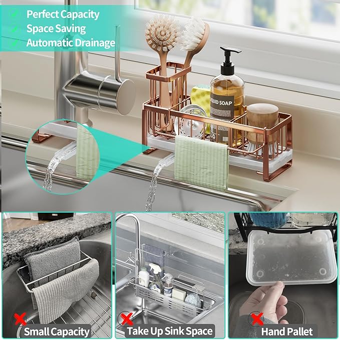 HapiRm Sponge Holder for Kitchen Sink - Self-draining Sink Caddy with Brush and Dishcloth Holders, Stainless Steel Kitchen Organizer for Countertop - Rose Gold