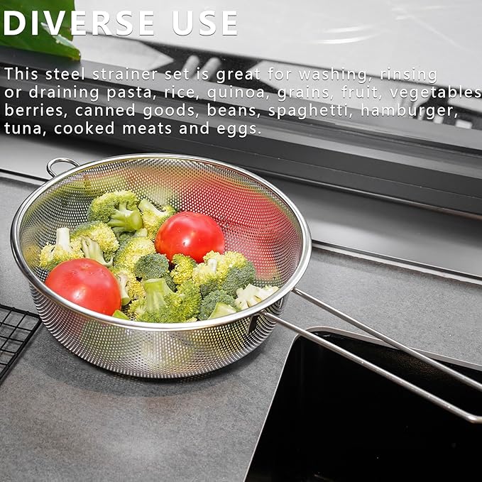 Metal Fine Mesh Strainer and Colander for Kitchen with Handle, Stainless Steel Pasta Strainer/Kitchen Funnel/Collander/Sifter for Strain/Wash Vegetables, Fruits, Spaghetti, Rice (8.6＂)