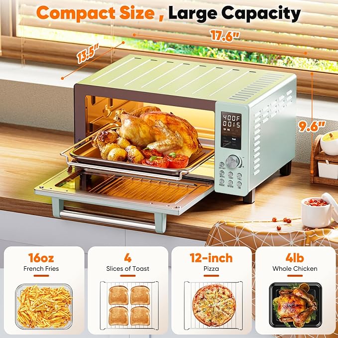 Nuwave Bravo Pro Smart 21QT Toaster Oven Air Fryer Combo, Convection Oven Countertop, 10 functions all in 1, with even & quick crisp technology, 50-450°F, 1800W, Mint Green