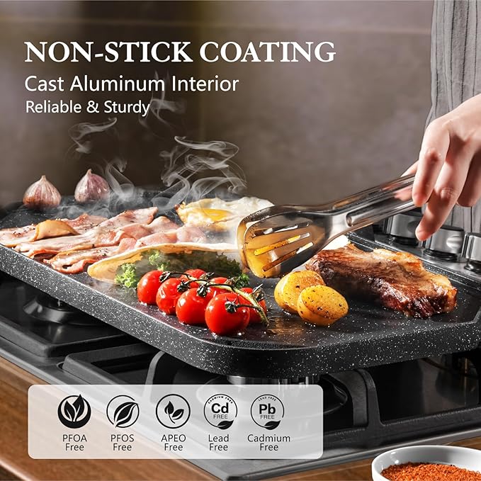 SENSARTE Nonstick Griddle Grill Pan, Pro-Grid Reversible Grill & Griddle Pan, Two Burner Cast Aluminum, Portable for Indoor Stovetop or Outdoor Camping BBQ, 19.5" x 10.7"