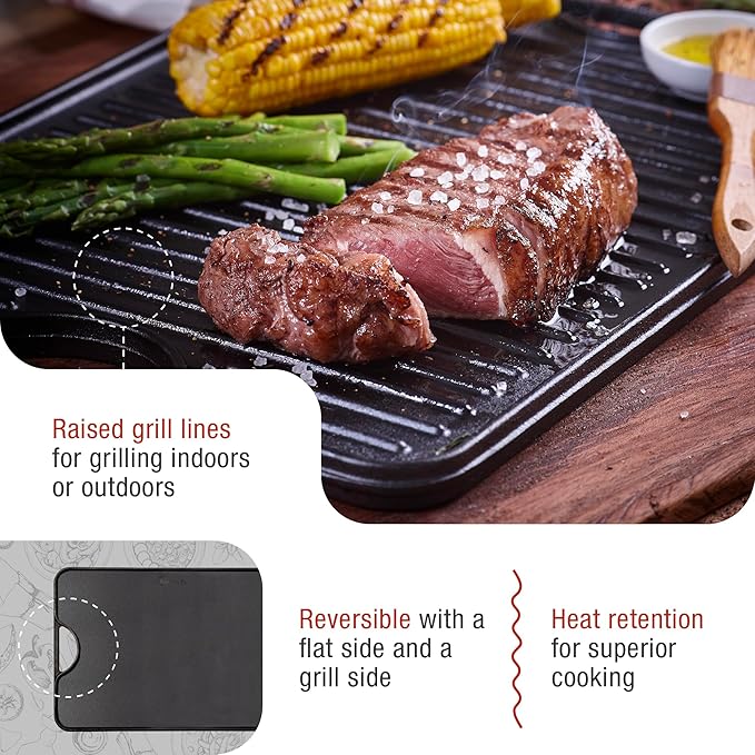 Victoria 20-by-14-Inch Rectangular Cast Iron Griddle, Preseasoned Reversible Griddle