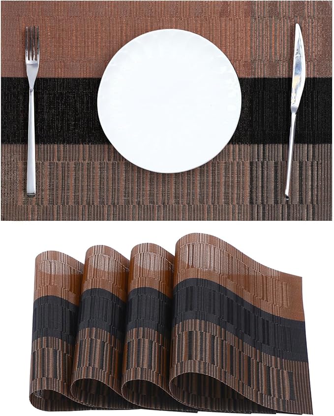Leetaltree Brown with Black Striped Placemats Set of 4 - Heat Resistant Non-Slip Place mats for Dining Table, Washable Durable PVC Vinyl Woven Table Mats（Brown Stripe, 4）