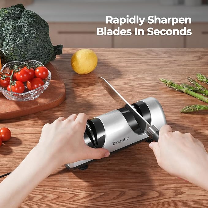 Electric Knife Sharpener, Professional Kitchen Knife Sharpener for Home Use, 2 Stages of Coarse Sharpening & Fine Polishing, Metal Dust Collection Box for Easy Cleaning, Silver Gray