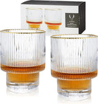 Viski Meridian Lowball Glasses Set of 2 - Premium Crystal Clear Vintage Drinking Tumblers for Whiskey, Scotch & Bourbon in Art Deco Ripple Glassware Design, Gold Rimmed Glassware Gift Set, 10.5 oz