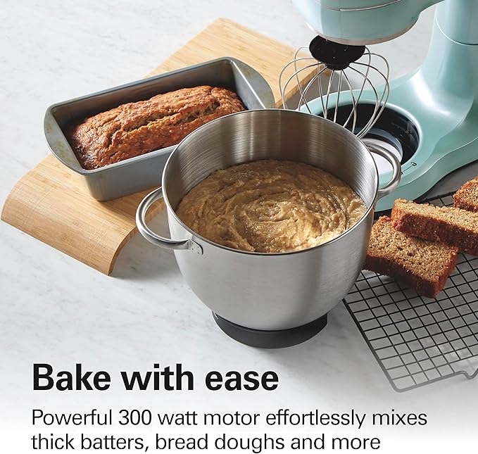 Hamilton Beach Electric Stand Mixer, 4 Quarts, Dough Hook, Flat Beater Attachments, Splash Guard, 7 Speeds with Whisk, Easy-Carry Top Handle, Aqua