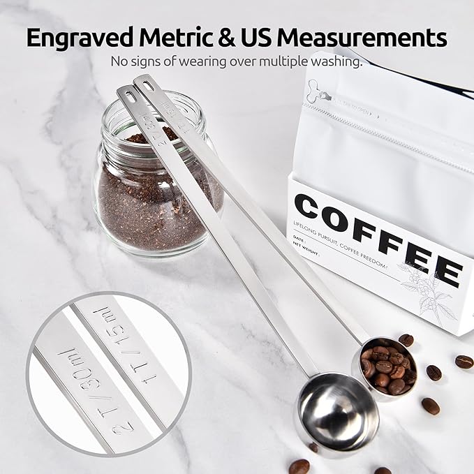 U-Taste Coffee Scoop 1&2 Tablespoon: 18/8 Stainless Steel Measuring Scooper for Ground Coffee, Bean, Powder, Espresso, 8.5in Long Handle Metal Meaure Spoon for Canister, Jar (1&2Tbsp/15&30ml, Silver)