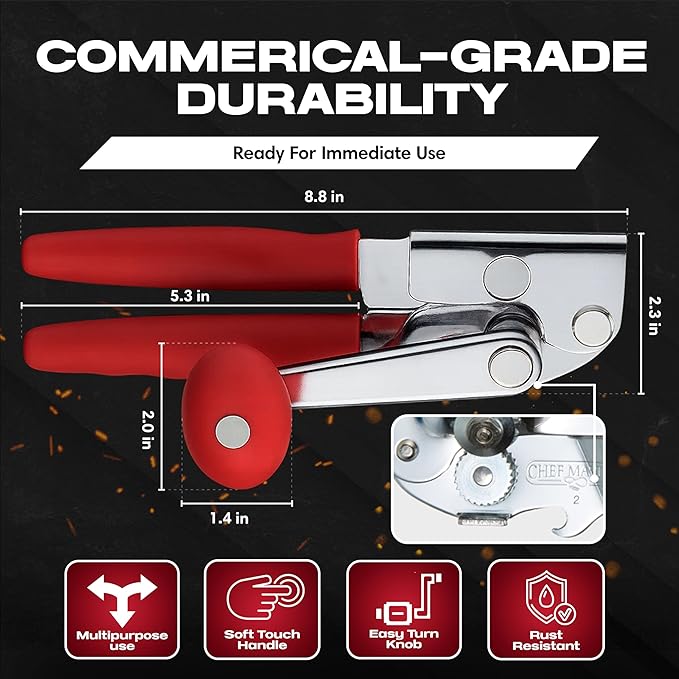 Chef Master Commercial Can Opener Heavy Duty - Manual Hand Crank for Large Cans with Anti-Slip Grip - Stainless Steel Restaurant Can Opener Manual for Seniors, Kitchen, Bars & Food Trucks - 90056