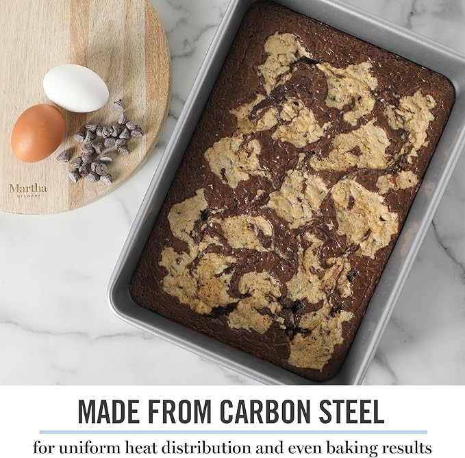 Martha Stewart Gallen 13 x 9 Inch Rectangular Nonstick Carbon Steel Cake and Baking Pan - Durable Silver Bakeware for Cakes, Brownies, and Roasting