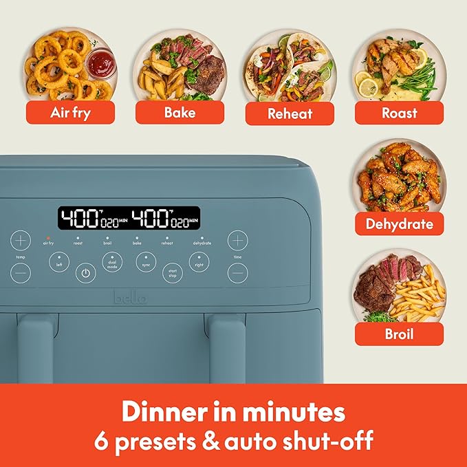 bella 4 Qt TriZone Air Fryer, EverGood™ Ceramic Nonstick Coating, Dual Basket Design w Removable Divider, Digital Touchscreen Control w 6 Preset Cooking Options, 1200 Watt, 3lb Capacity, Surf
