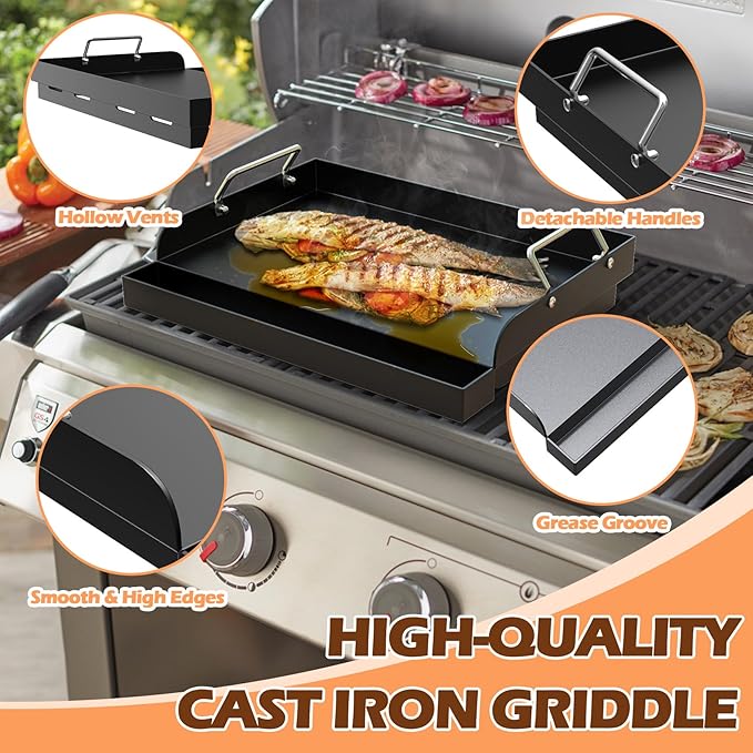 Flat Top Griddle Insert for Outdoor Gas Grill, Universal Cast Iron Griddle for Charcoal Grill, 17" x13" Nonstick Coating Plate with Handle & Grease Groove, for Camping Tailgating