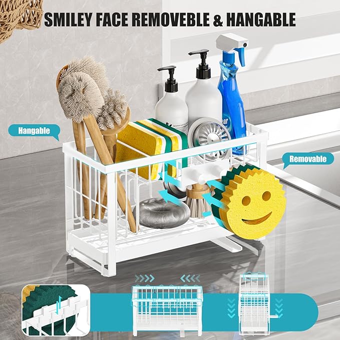 Sponge Holder for Kitchen Sink with Flexible Sponge Holder Smiley Face,2 Tier Kitchen Sink Organizer Countertop and Storage Essentials,Soap Dispenser Organize,Home Decor Accessories-White