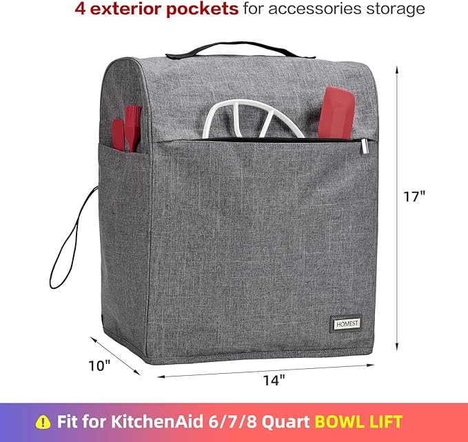 HOMEST Stand Mixer Dust Cover Compatible with KitchenAid 6/7/8 Quart Bowl Lift, Zipper Pocket for Various Kitchen Appliance Accessories, Grey (Patent Design)