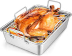 LIANYU 16 Inch Roasting Pan, Large Turkey Roaster with V-Shaped Rack and Baking Rack, Heavy Duty Stainless Steel Deep Broiling Lasagna Pan with Handle for Chicken, Dishwasher Safe