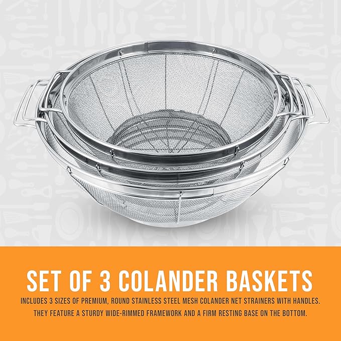 U.S. Kitchen Supply Set of 3 Stainless Steel Colander Strainers Net Baskets 5, 4, & 3-Quart - Colander with Handles & Resting Base - Stainless Steel Sieve, Mesh Strainers and Colanders for Kitchen