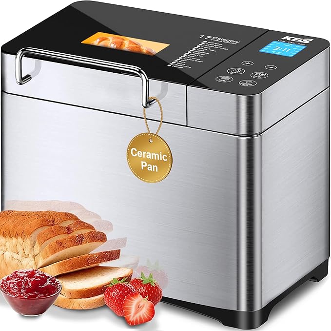 KBS Pro 710W 2LB Bread Maker, Stainless Steel 17-in-1 Smart Bread Machine with Healthy Ceramic Pan, Automatic Nut Dispenser, Tempered Glass Touch Panel, 3 Crust Colors, 15H Timer& Keep-Warm, Recipes