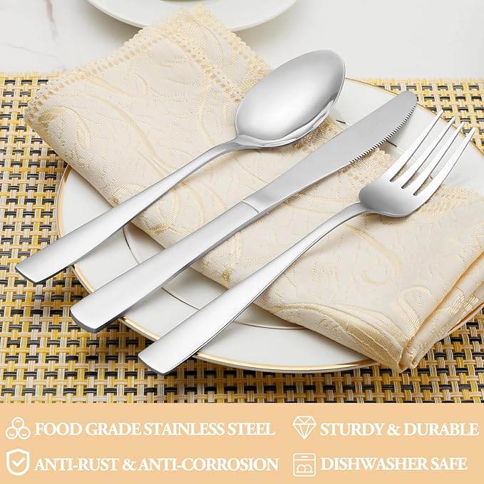 60 Piece Silverware Set Service for 12,Premium Stainless Steel Flatware Set,Mirror Polished Cutlery Utensil Sets,Durable Home Kitchen Eating Tableware Sets,Include Fork Knife Spoon,Dishwasher Safe