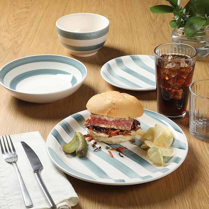 Gibson Home Kenwood Shores 16 Piece Dinnerware Set, Blue Striped, Hand-Painted Stoneware Dishes, Plates and Bowls, Service for 4, Microwave & Dishwasher Safe