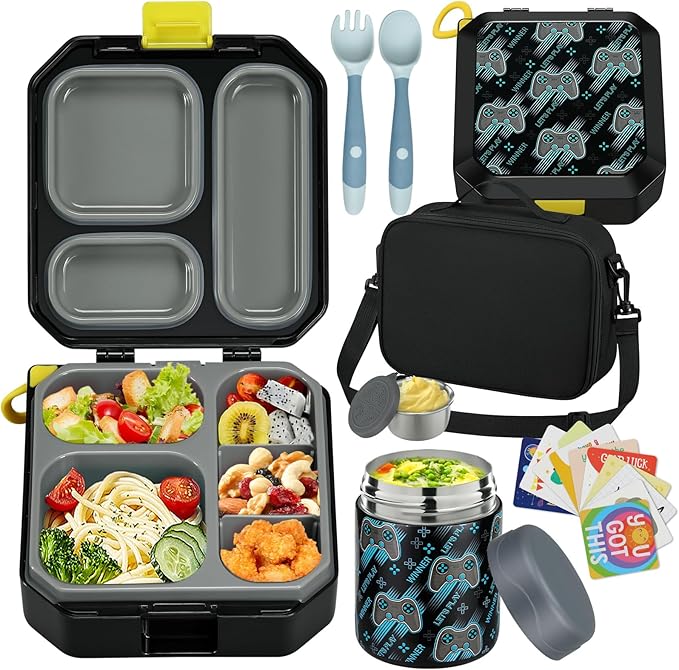 wiwens Bento Lunch Box for Kids with 12oz Soup Thermo Leak-Proof Lunch Food Container with 5 Compartment Thermo Hot Food Jar and Insulated Lunch Bag for Kid Toddler Girls Boys to School