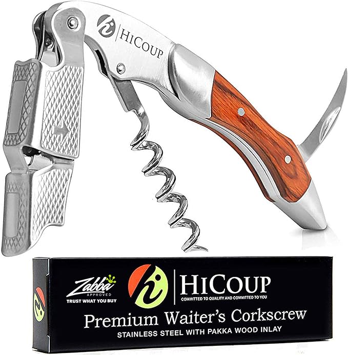 Hicoup Wine Opener - Professional Corkscrews for Wine Bottles w/Foil Cutter and Cap Remover - Manual Wine Key for Servers, Waiters, Bartenders and Home Use - Stainless Steel With Pakka Wood Inlay