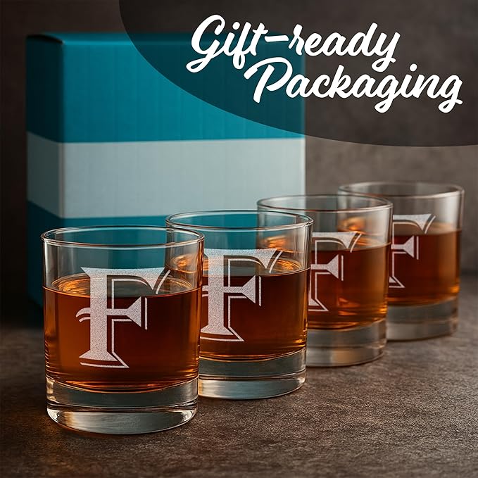 On The Rox Drinks 4 Piece Glass Set Engraved with F Monogram, 11 Ounce