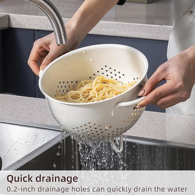 Metal Colander 5 Quart Powder Coated Self-draining Metal Strainer with Base,Kitchen Pasta Fruit Vegetable Basket with Double Handles (Cream)