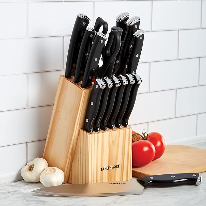 Farberware Triple Riveted Knife Block Set, 15-Piece, Black Pine, High Carbon-Stainless Steel Blades, Ergonomic Handles, Includes Natural Pinewood Block