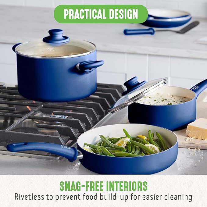 GreenLife 16 Piece Nonstick Cookware Set, Soft Grip Non-Toxic PFAS-Free Ceramic Pots & Pans, Dishwasher & Oven Safe, Frying, Sauce, Saute, Utensils, Glass Lids, Stay-Cool Handles, Wobble Free, Blue