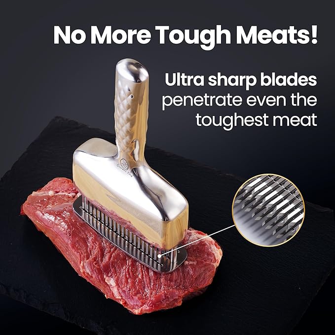 Meat Tenderizer Tool, Stainless Steel Blade Tenderizer for Meat – Extra Long Handle, Rustproof One-Piece Meat Tenderizer Mallet & Hammer, Steak Cooking Accessories, No Assembly Needed, 5-Year Warranty