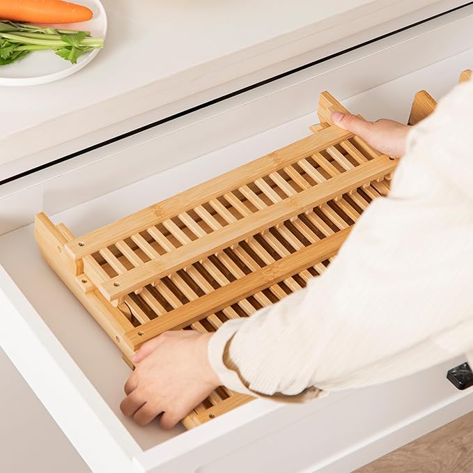 HBlife Bamboo Dish Drying Rack with Utensils Flatware Holder Set, 3-Tier Large Folding Drying Holder for Kitchen Counter, Collapsible Drainer