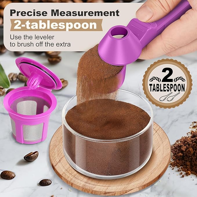 Coffee Scoop & Funnel for Reusable K Cup Refillable Coffee Pods, Coffee Measuring Spoon 2 Tablespoon Capacity, Scoop with Funnel for Ground Coffee, Protein Powder, Tea (Purple, 2 Pack)