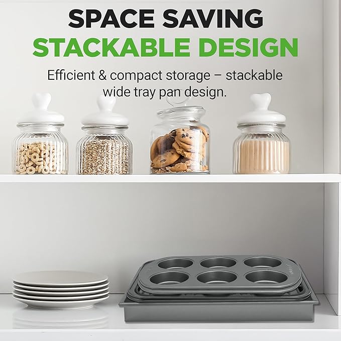 NutriChef 6-Piece Toaster Oven Bakeware Set, Compact Non-Stick Stackable Baking Pan Set with Muffin Pans, Roasting Tray & Baking Sheets, Durable Stain-Resistant Carbon Steel Design for Toaster Ovens