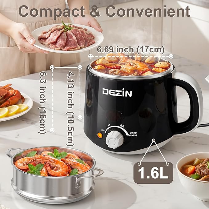 Dezin Hot Pot Electric with Steamer, Rapid Noodles Cooker, Stainless Steel Electric Pot 1.6 Liter, Perfect for Ramen, Egg, Dumpling, Soup, Oatmeal with Temperature Control and Keep Warm Function