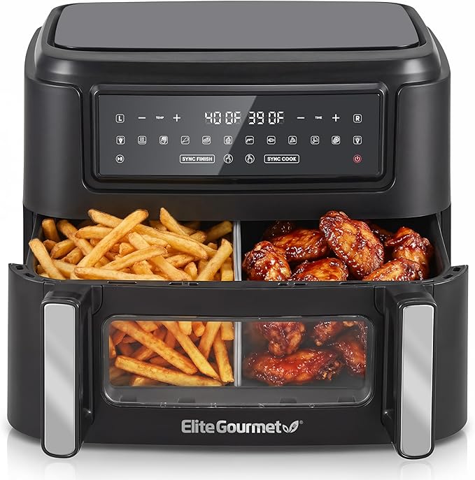 Elite Gourmet Dual Zone Air Fryer Oven 11QT, Dual Basket Air Fryer with Divider, Sync Finish & Sync Cook, PFAS Free Nonstick, 10 Presets, Air Fry Bake Roast Broil Toast Dehydrate, 1600W Black