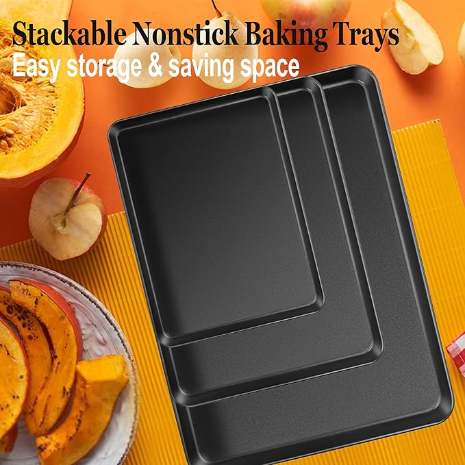 E-far Cookie Baking Sheet Set of 3, Nonstick Metal Sheets Pans Jellyroll Trays for Oven, Large/Medium/Small (16/12.4/10.4”) No-toxic Rectangle Bakeware for Baking Cake Bread, Easy Clean