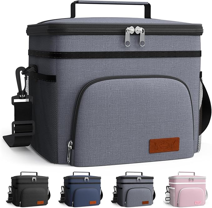 HOTOR Insulated Lunch Box for Men & Women - Leak-Proof Cooler Lunch Bag with 4 Pockets, Adjustable Strap, Ideal for Work, Picnic, Travel - Medium, Light Grey,10.2"×6.9"×8.5"