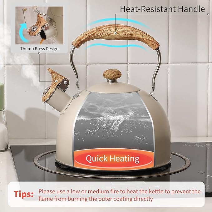 LONFFERY Tea Kettle for Stove Top, 2.5 Quart Whistling Tea Kettle, with Food Grade Stainless Steel and Wood Pattern Folding Handle, Creamy White