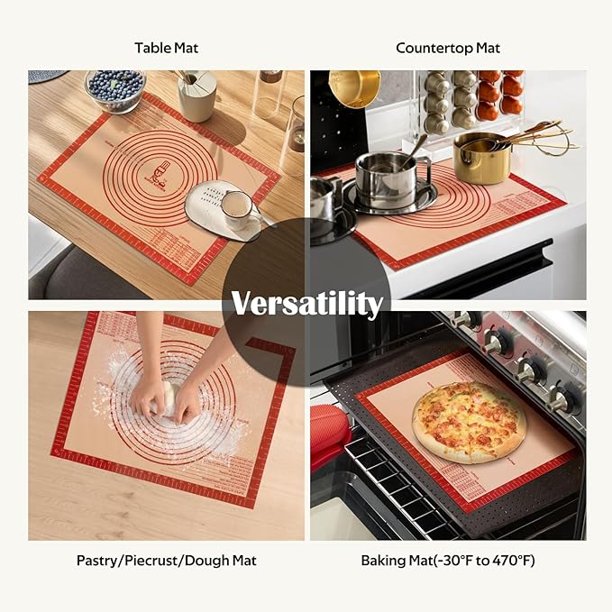 Extra Thick Silicone Pastry Mat Large for NonStick Silicone Baking Mat with Measurement，for Kneading, Fondant/Counter Pad, Dough Rolling, Silicon Cookie Sheet, Pie Crust Bake(16×24, Red)
