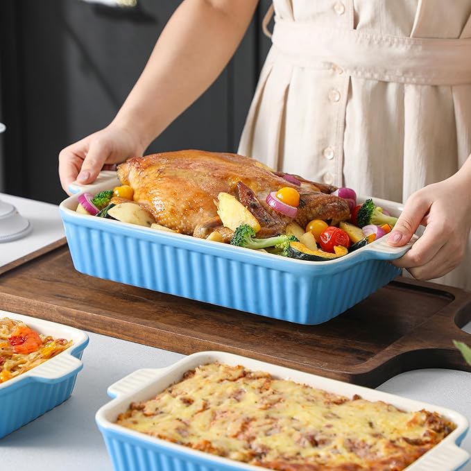 MALACASA Casserole Dishes for Oven, Porcelain Baking Dishes, Ceramic Bakeware Sets of 4, Rectangular Lasagna Pans Deep with Handles for Baking Kitchen, Blue (9.4"/11.1"/12.2"/14.7"), Series BAKE.BAKE