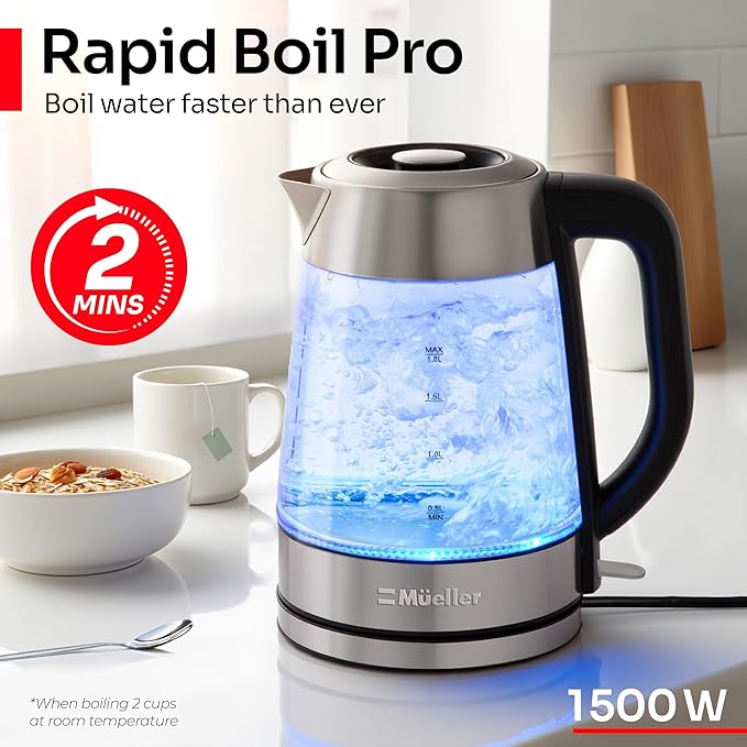 Mueller Rapid Boil Electric Tea Kettle 1.8L – Borosilicate Glass & Stainless Steel – BPA-Free Hot Water Boiler, LED Light, Auto Shut-Off, Boil Dry Protection Fast Water Heater – Kitchen Appliances