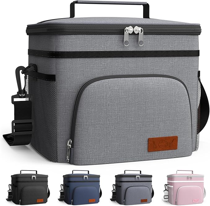 HOTOR Insulated Lunch Box for Men & Women - Leak-Proof Cooler Lunch Bag with 4 Pockets, Adjustable Strap, Ideal for Work, Picnic, Travel - Large, Light Grey, 13.0"×7.9"×9.1"