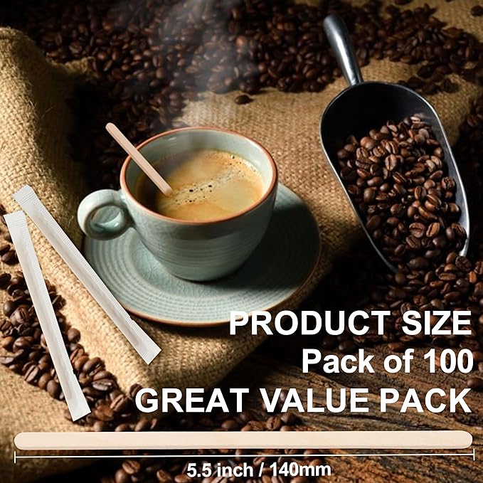 ANTETOK Wooden Coffee Stirrers - Coffee Stir Sticks 5.5 Inch,100pcs Individually Wrapped Disposable Swizzle Sticks,Swizzle Drink Sticks for Coffee,Tea,Cocktail and Hot Chocolate