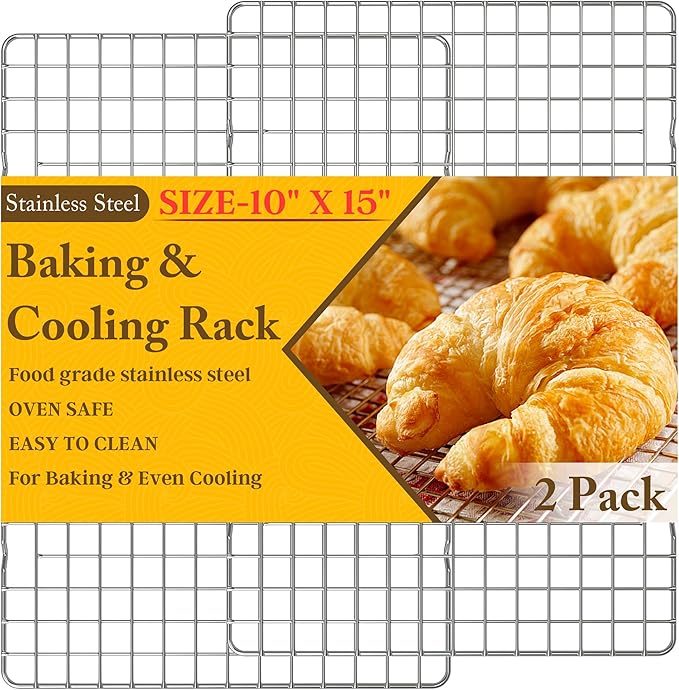 2PCS Cooling Racks for Cooking and Baking - 10" x 15"Heavy Duty Stainless Steel Wire Rack for Baking, Grilling, Roasting - Oven & Dishwasher Safe - Fits Jelly Roll Sheet Pan-Silver