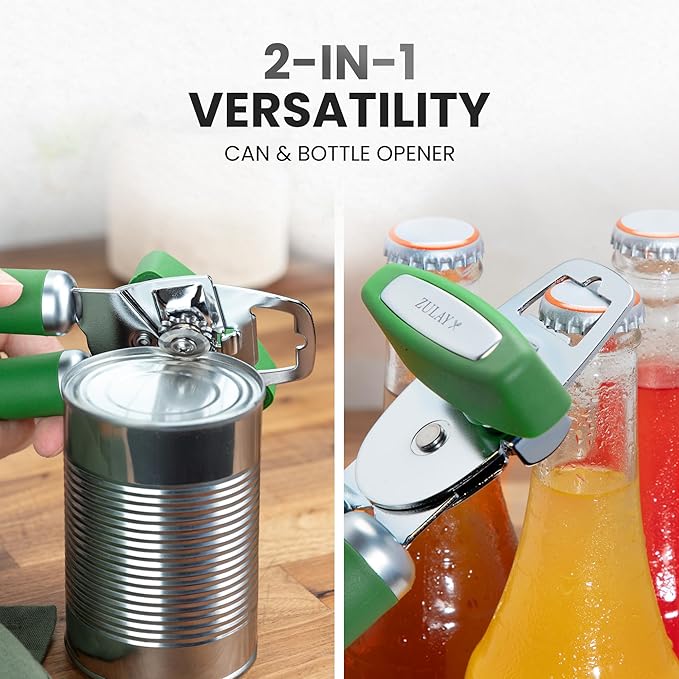 Zulay Kitchen Heavy Duty Stainless Steel Can Opener Manual with Bottle Opener - Rust Proof Manual Can Opener With Turn Knob & Comfy Soft Grip Handles - Artichoke Green