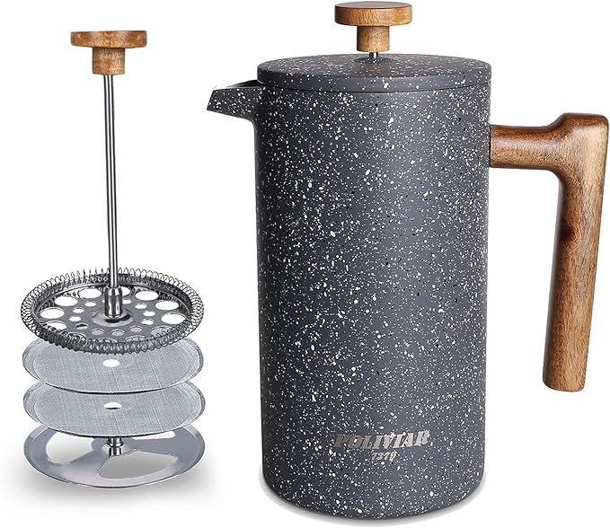 POLIVIAR French Press Coffee Maker, 34 Ounce Coffee Press with Real Wood Handle, Double Wall Insulation & Dual-Filter Screen, Food Grade Stainless Steel for Good Coffee and Tea (Lava)