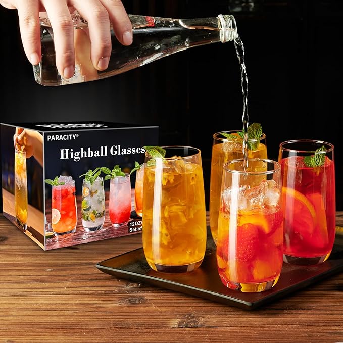 PARACITY Highball Glasses Set of 4, Drinking Glasses 12 Oz, Clear Glass Cups, Tall Tumbler Water Glasses, Glassware Set for Cocktail, Coffee, Mojitos