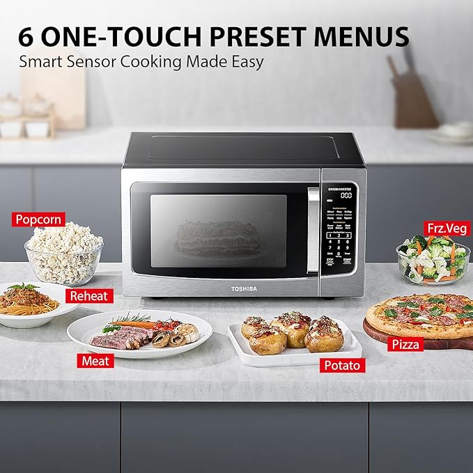 TOSHIBA ML-EM45PIT(SS) Countertop Microwave Oven with Inverter Technology, Kitchen Essentials, Smart Sensor, Auto Defrost, 1.6 Cu.ft, 13.6" Removable Turntable, 33lb.&1250W, Stainless Steel