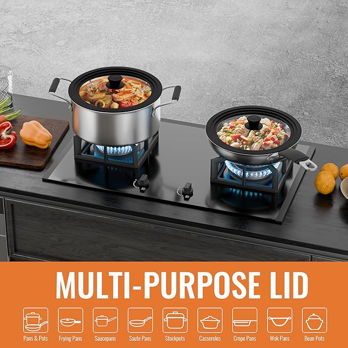 Universal Lids for Pots, Pans and Skillets, 7", 8" and 9" Pan Lid, Tempered Glass Pot Lid with Silicone Rim Heat Resistant, Replacement Pan Cover for Frying, Cookware & Bakeware Lids, Black