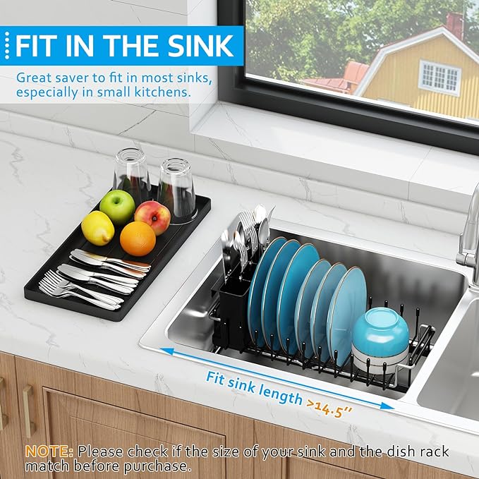 ANTOPY Sink Dish Drying Rack - Expandable Small Dish Rack Over Sinks with Silicone Drying Tray, Dish Drainer for Kitchen Counter with Cutlery Holder, Drying Rack Fit for 14’’-19’’ Kitchen Sink
