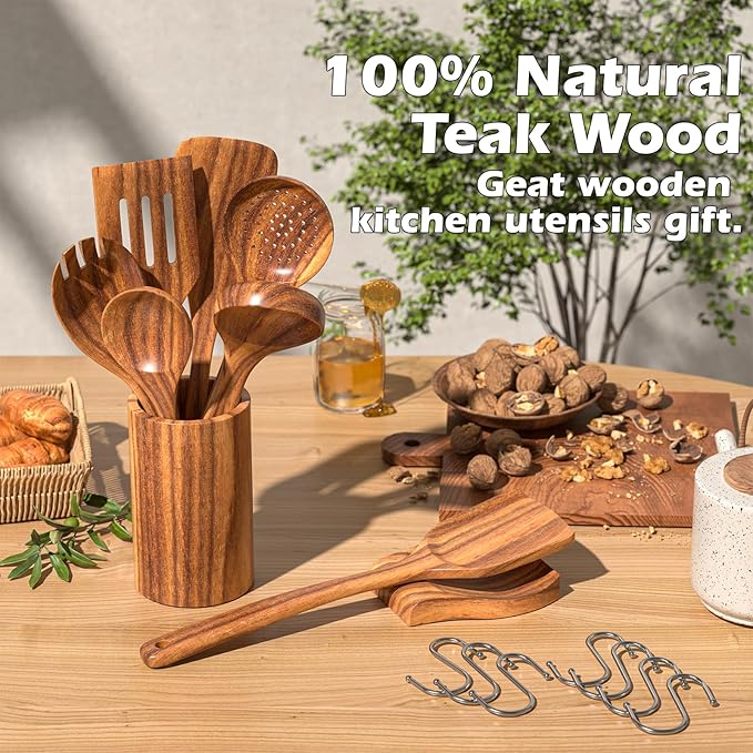 Natural Teak Kitchen Cooking Utensil Set with Holder, Wooden Spoons for Cooking, 10PCS Cooking Spatulas Set with Spoon Rest, Wooden Utensil Set for Nonstick Cookware Sturdy & Lightweight
